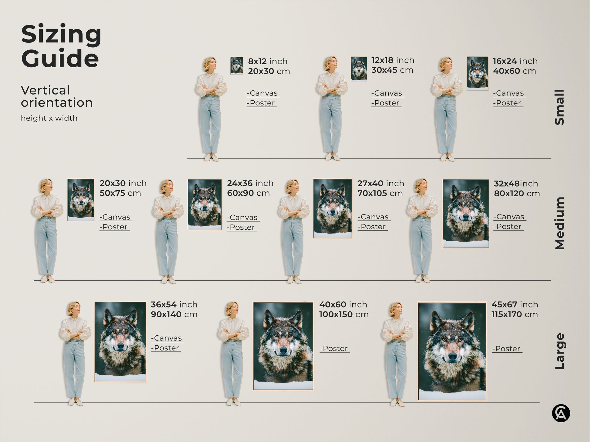 Sizing guide featuring the photorealistic wolf canvas. See the art in various vertical orientations. Options available for canvas and poster prints. Find the perfect size for your space. Add wildlife animal art to your home. The snowy forest wolf print is stunning.