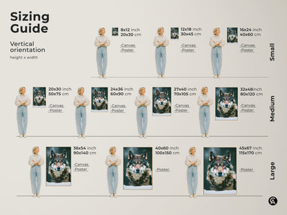 Sizing guide featuring the photorealistic wolf canvas. See the art in various vertical orientations. Options available for canvas and poster prints. Find the perfect size for your space. Add wildlife animal art to your home. The snowy forest wolf print is stunning.