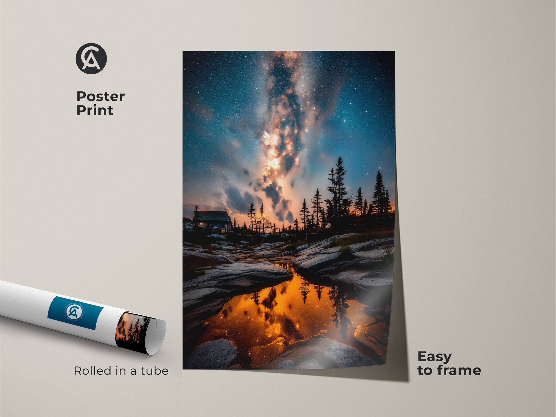 Poster print showcasing a Milky Way galaxy over a tranquil cabin setting. The easy to frame astrophotography print features vibrant orange yellow and blue colors. Rolled in a tube this space landscape painting is perfect for astronomy lovers.