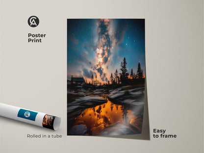 Poster print showcasing a Milky Way galaxy over a tranquil cabin setting. The easy to frame astrophotography print features vibrant orange yellow and blue colors. Rolled in a tube this space landscape painting is perfect for astronomy lovers.
