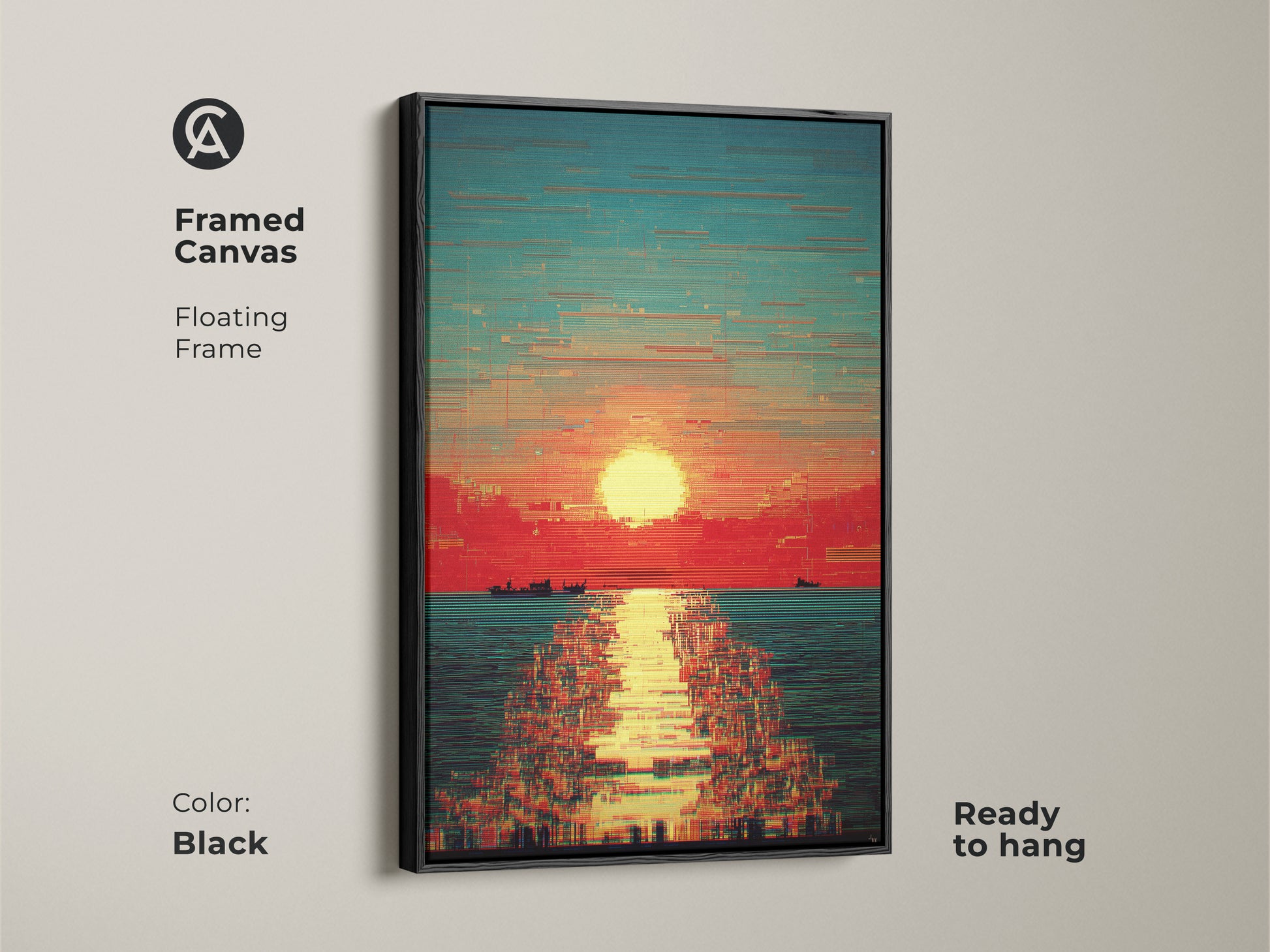 Black framed canvas showcases a glitch art sunset over water. Red orange teal abstract art creates a modern seascape. This boat artwork is ready to hang. A stylish addition to contemporary home decor.