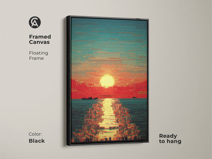 Black framed canvas showcases a glitch art sunset over water. Red orange teal abstract art creates a modern seascape. This boat artwork is ready to hang. A stylish addition to contemporary home decor.