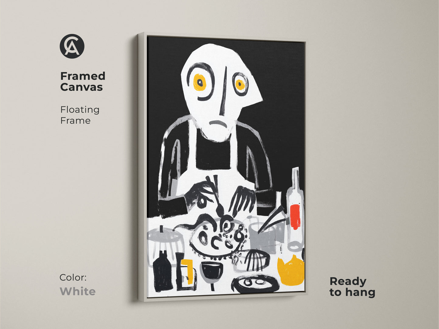 This framed canvas features abstract chef wall art with a floating frame in white. The unique dining room decor showcases a surreal cooking scene. Eclectic kitchen art uses bold brushstrokes in black white and yellow. The art is ready to hang.