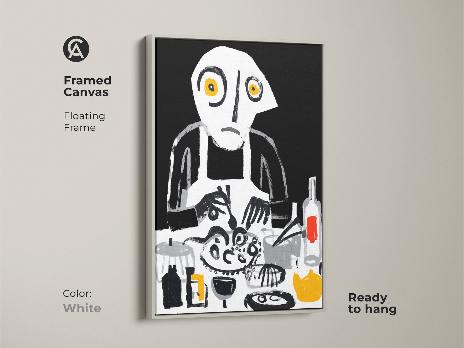 This framed canvas features abstract chef wall art with a floating frame in white. The unique dining room decor showcases a surreal cooking scene. Eclectic kitchen art uses bold brushstrokes in black white and yellow. The art is ready to hang.