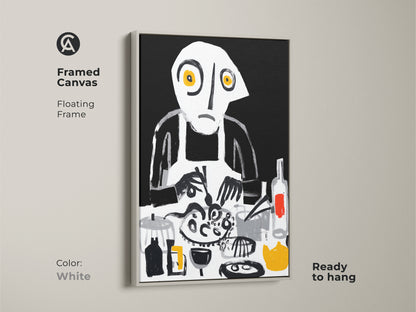This framed canvas features abstract chef wall art with a floating frame in white. The unique dining room decor showcases a surreal cooking scene. Eclectic kitchen art uses bold brushstrokes in black white and yellow. The art is ready to hang.