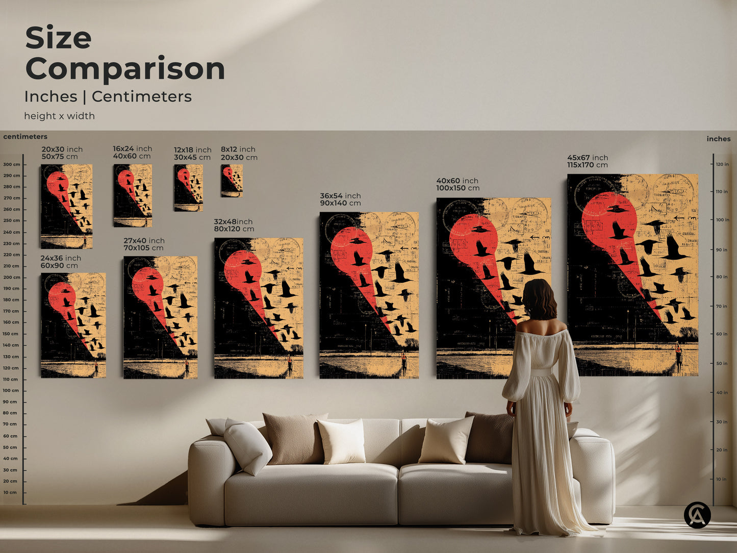 Size Comparison Inches | Centimeters featuring a Grunge Eclectic Wall Art. A collage of a flock of birds in flight. Against a rural landscape backdrop with a striking Red Beige and Black color palette.