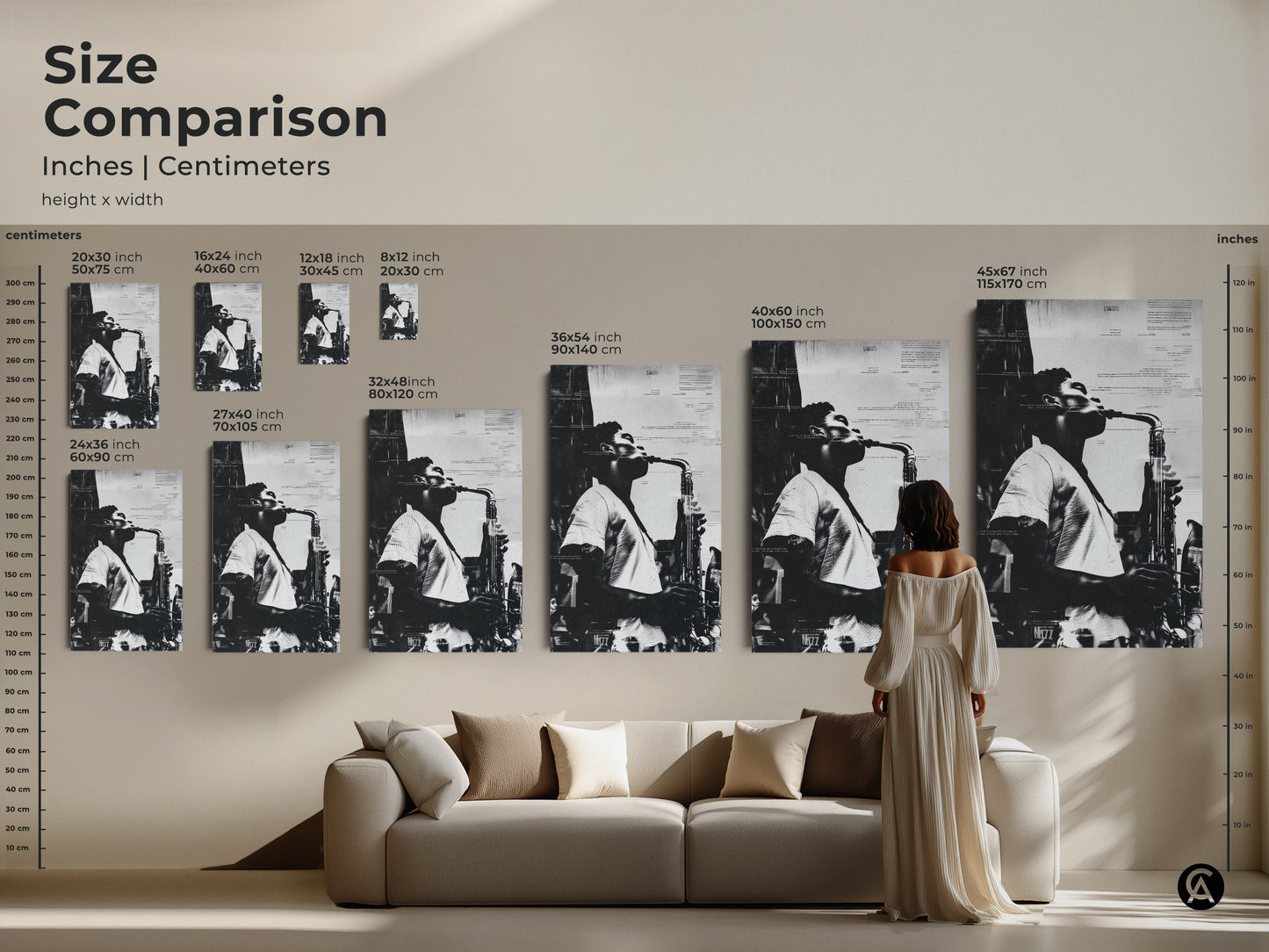 Size comparison of saxophone artwork in inches and centimeters. Visualize the perfect fit for your space. See how different sizes complement your decor. From small to large find the ideal musical canvas or poster print.
