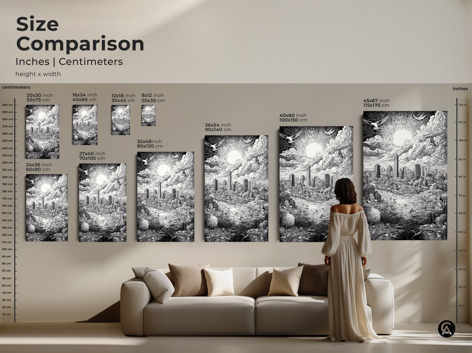 Size comparison of the Austin Texas Skyline art print. See how different sizes complement your living space. This artwork is available in various dimensions. It is perfect above a sofa or in an entryway. The art comes as a canvas or poster print.
