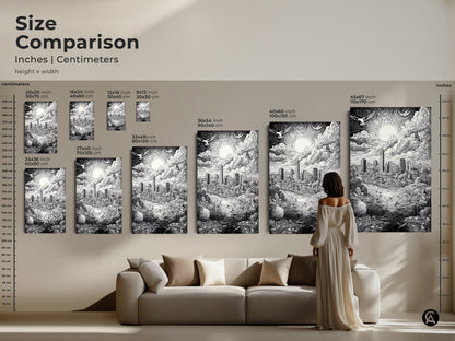 Size comparison of the Austin Texas Skyline art print. See how different sizes complement your living space. This artwork is available in various dimensions. It is perfect above a sofa or in an entryway. The art comes as a canvas or poster print.