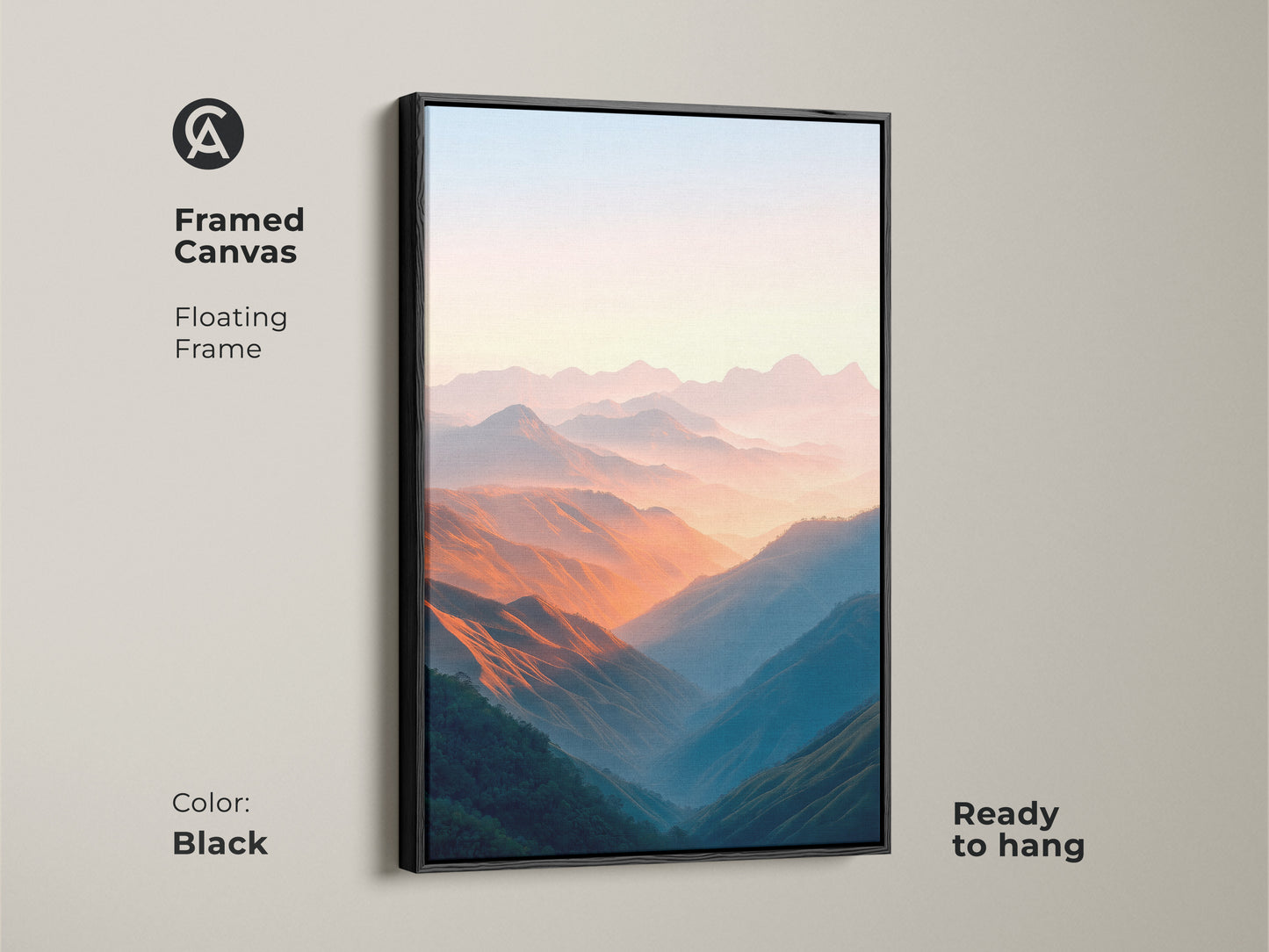 Framed in black this peach and blue mountain valley canvas art enhances any room. The contemporary landscape artwork brings a touch of nature to your space. The floating frame adds elegance. This serene scenic art print is ready to hang and enjoy.