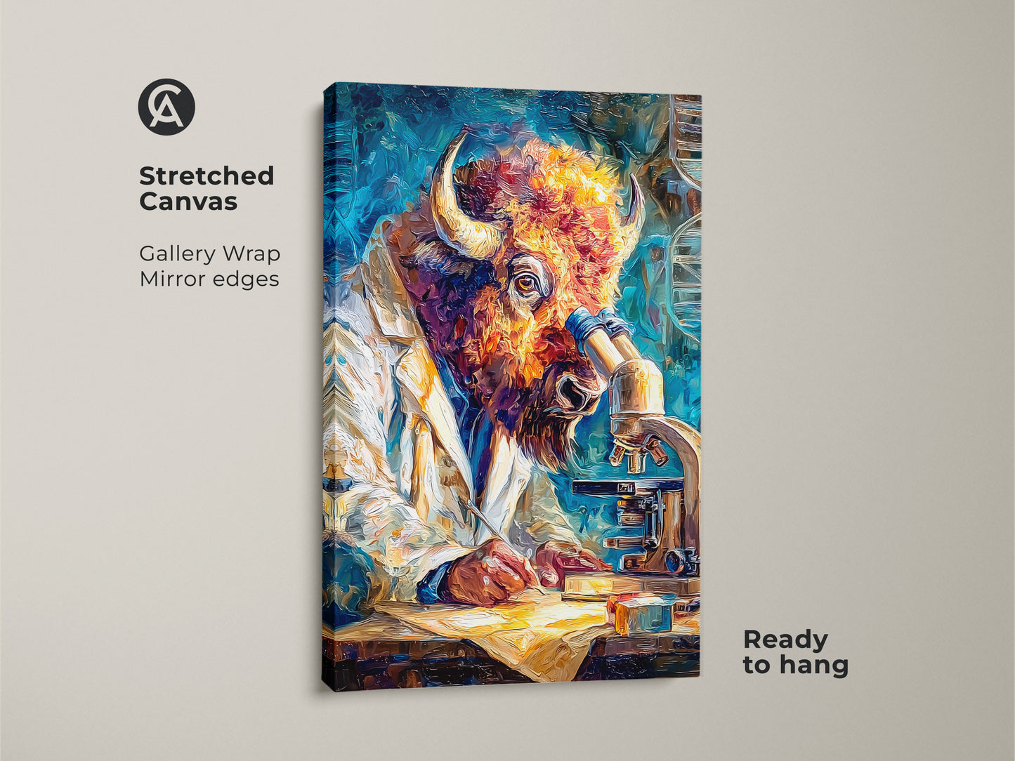 Stretched canvas art shows a buffalo scientist using a microscope. Gallery wrapped with mirrored edges. This artwork is ready to hang. The vibrant colors and detailed brushstrokes bring the scene to life. This is a great conversation starter for your home or office. The unique blend of wildlife and science is captivating.