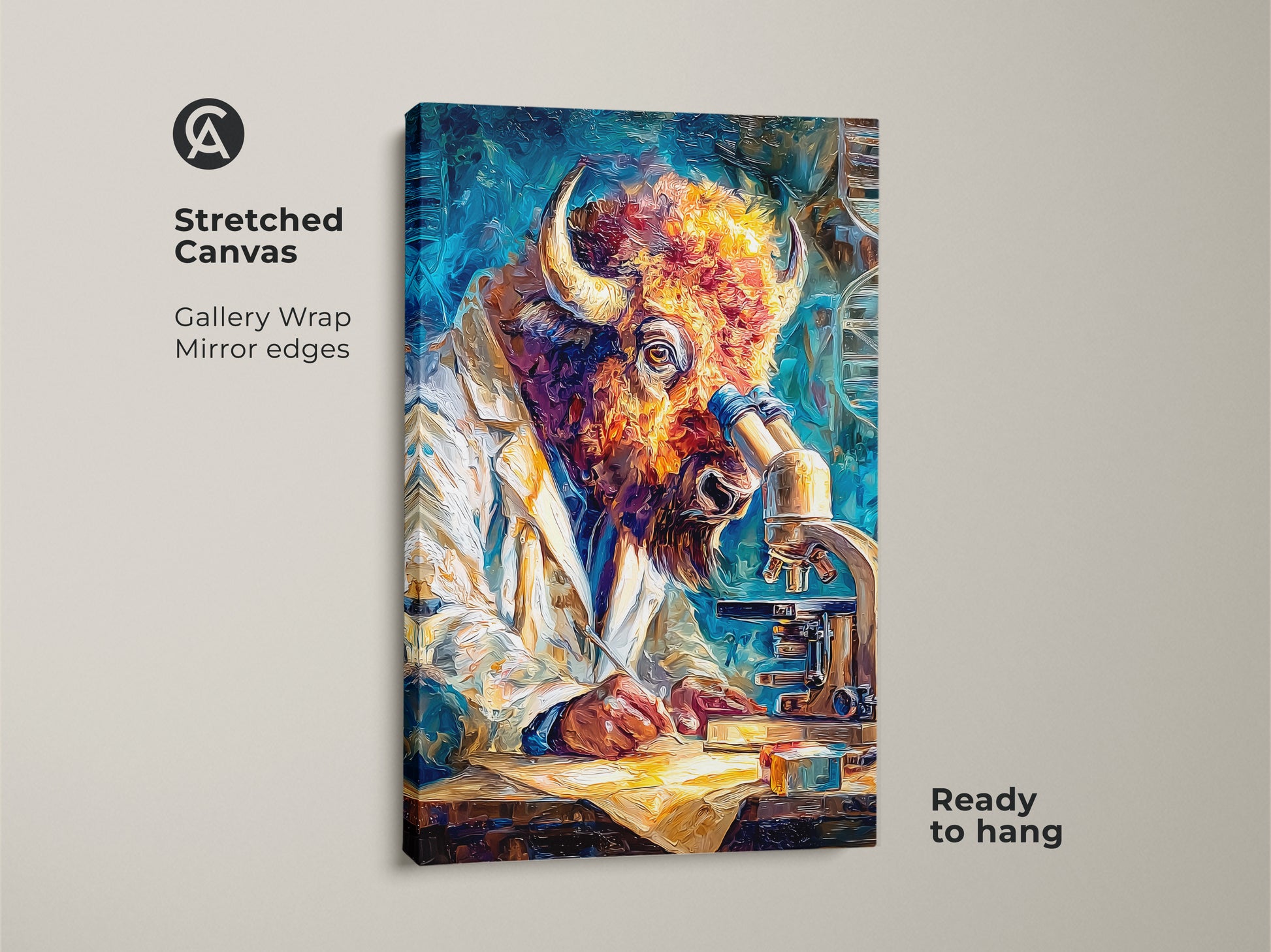 Stretched canvas art shows a buffalo scientist using a microscope. Gallery wrapped with mirrored edges. This artwork is ready to hang. The vibrant colors and detailed brushstrokes bring the scene to life. This is a great conversation starter for your home or office. The unique blend of wildlife and science is captivating.