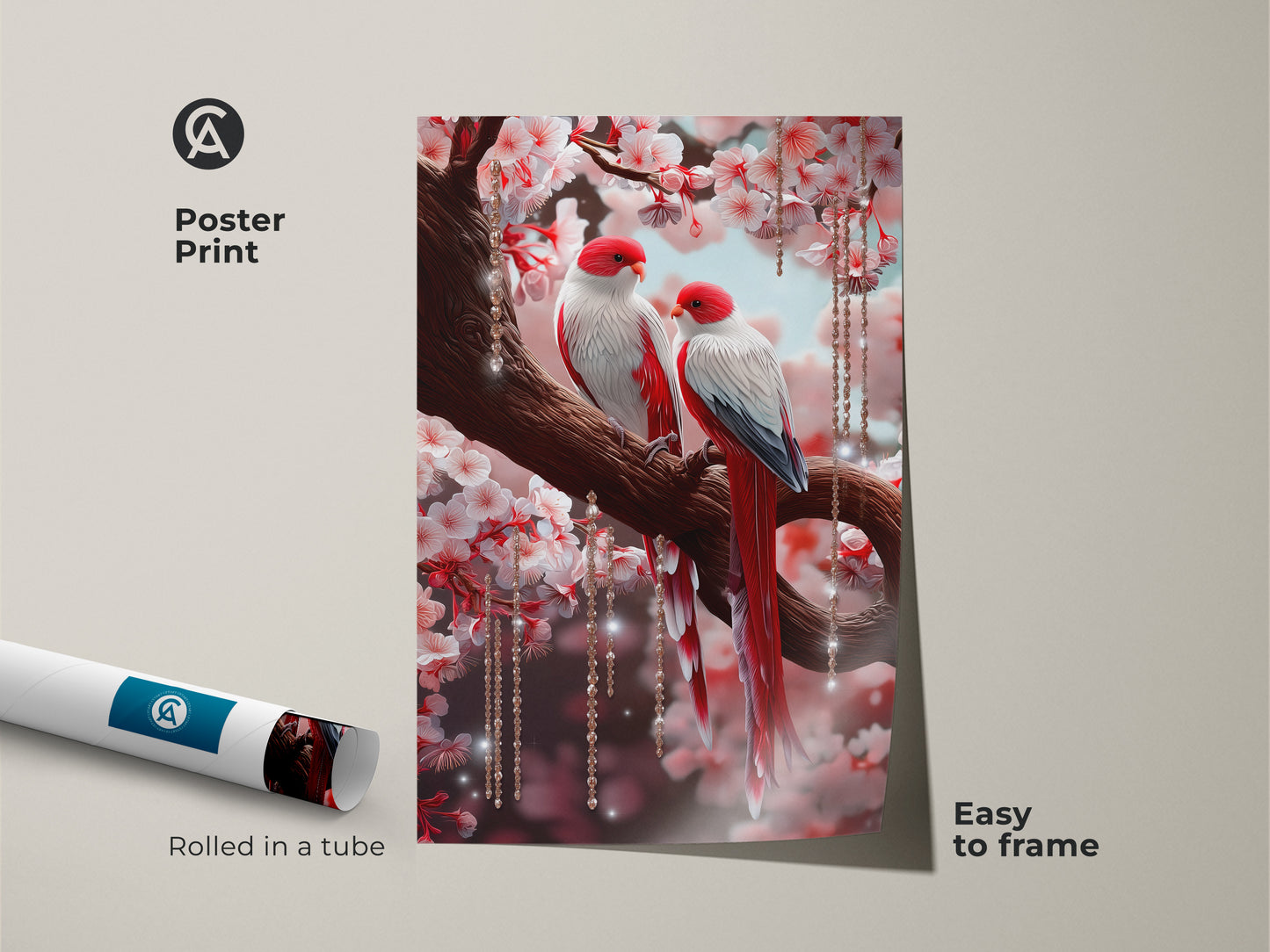 This poster print showcases a romantic scene with red and white lovebirds. They sit among cherry blossoms and crystals. The illustrative animal art is easy to frame. It offers a dreamy nature wall art experience. Perfect as a gift.