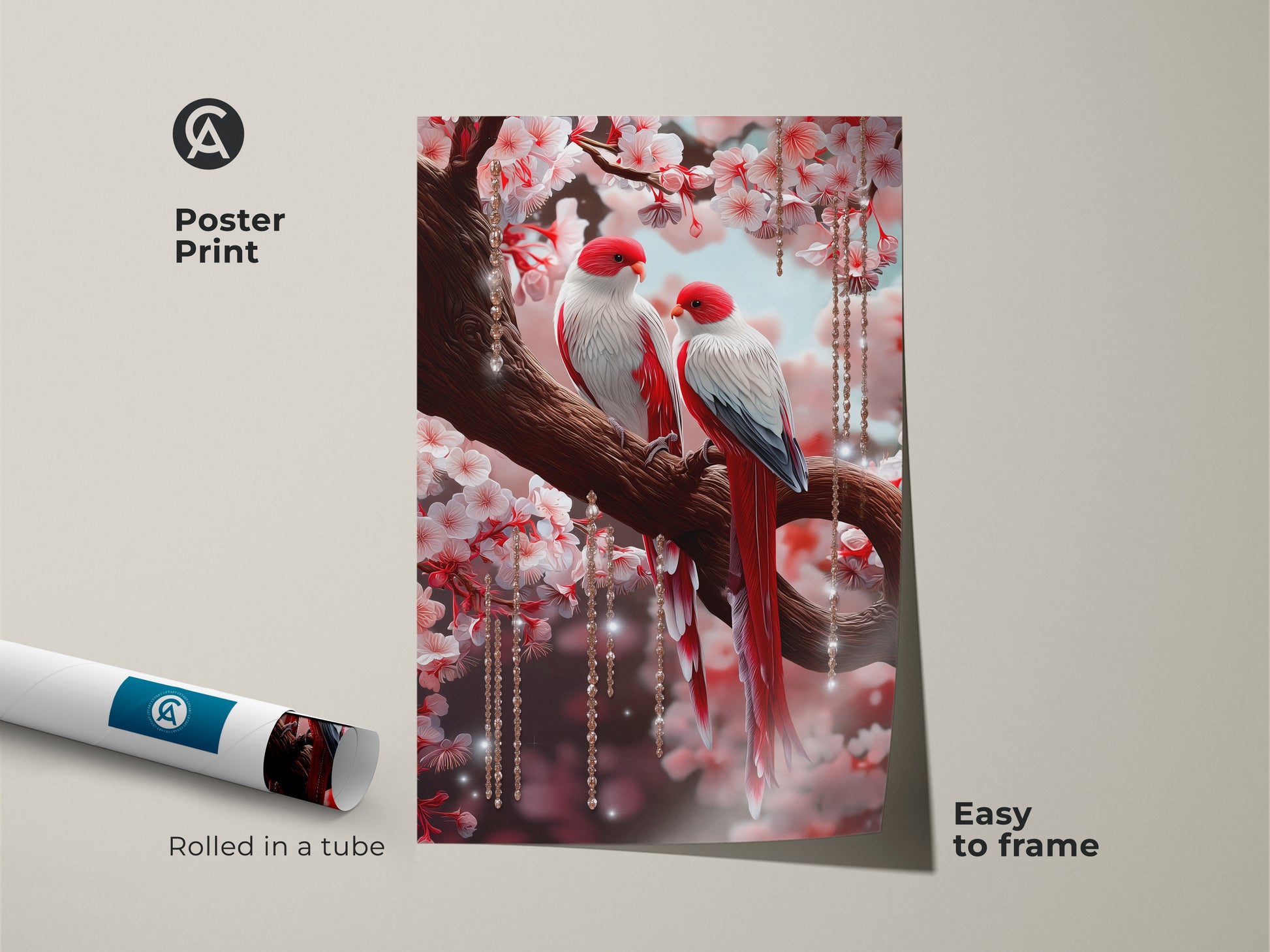 This poster print showcases a romantic scene with red and white lovebirds. They sit among cherry blossoms and crystals. The illustrative animal art is easy to frame. It offers a dreamy nature wall art experience. Perfect as a gift.