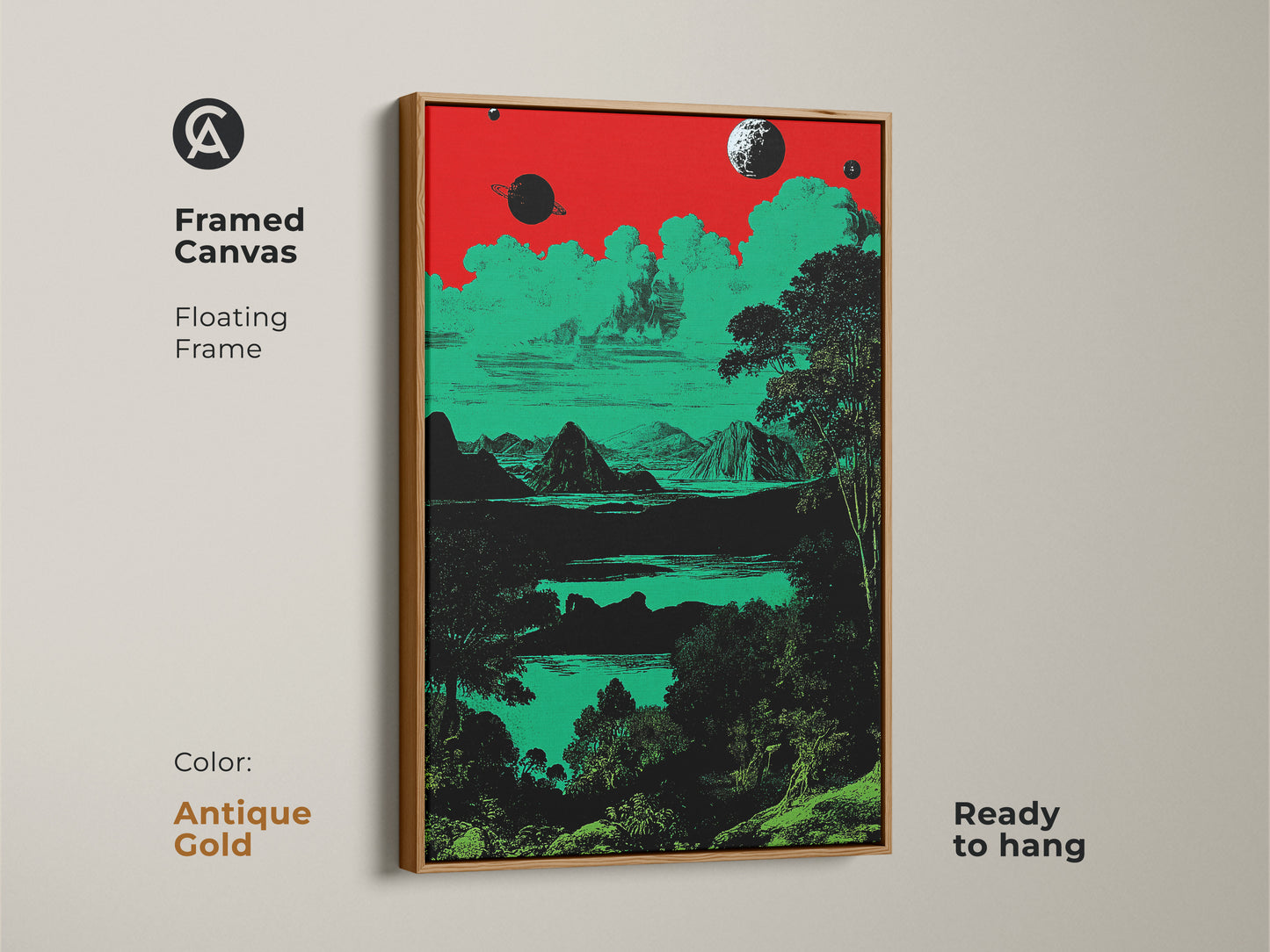 A framed canvas displays a surreal space landscape in a floating antique gold frame. The retro planets and mountains art uses red green and black colors. This eclectic decor is ready to hang. It makes a unique gift for housewarmings. It is great for sci-fi fans.