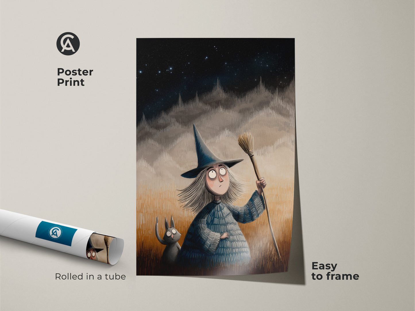 Poster print of cartoon witch art for kids room wall decor. Rolled in a tube this Halloween themed illustration is easy to frame. The art is a spooky cute fantasy art gift for children. Magical night sky artwork.
