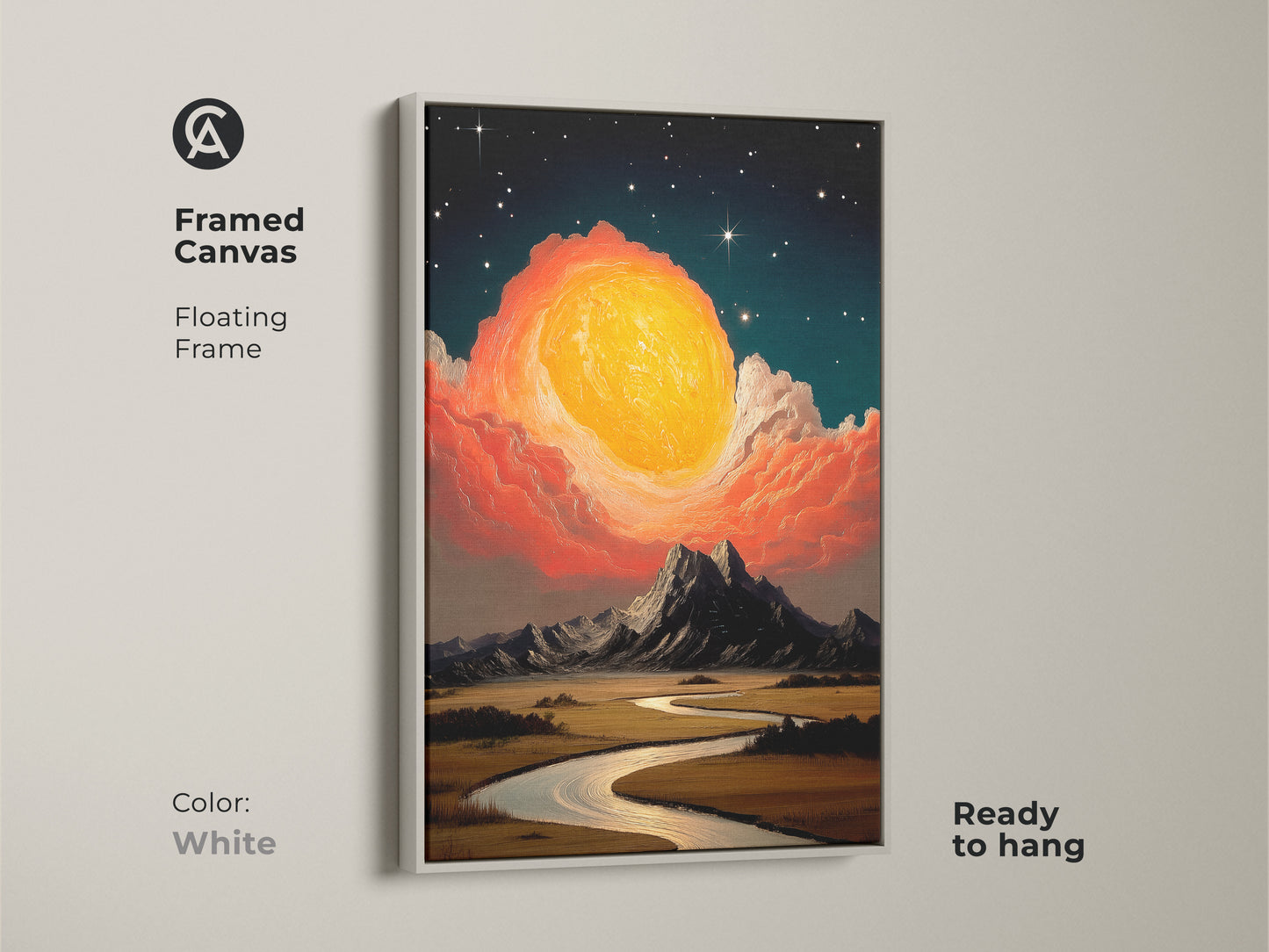 Framed canvas print of a cosmic sun rising over mountains and a river. The floating frame is white. Expressive landscape wall art features yellow orange teal tones. Its a unique gift for stargazers. Great eclectic home art.