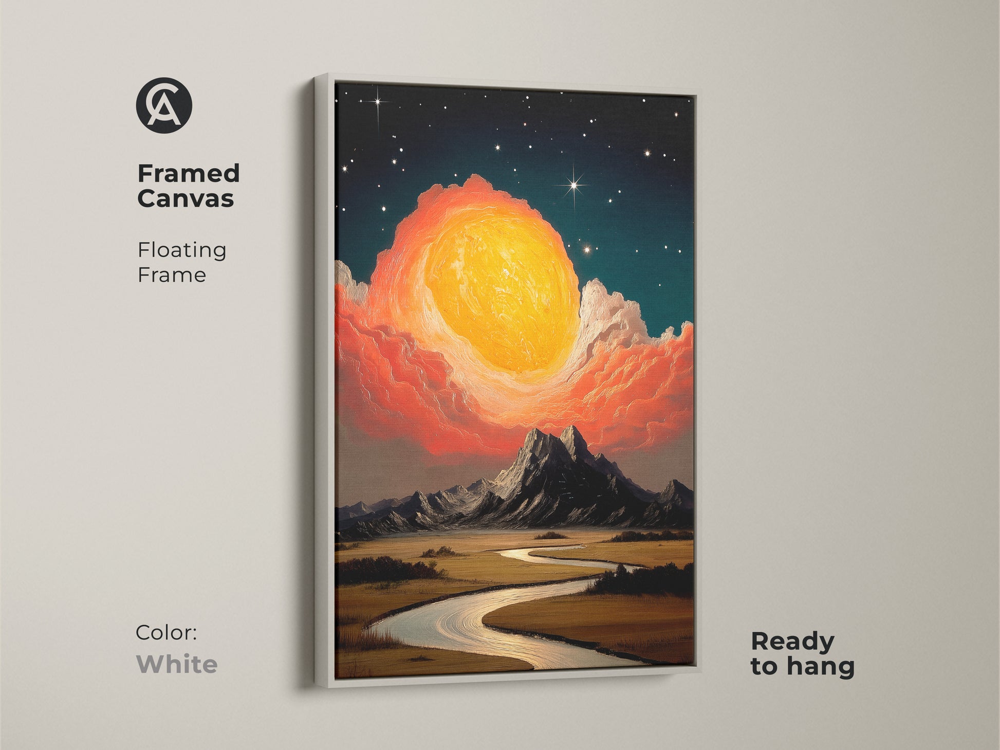 Framed canvas print of a cosmic sun rising over mountains and a river. The floating frame is white. Expressive landscape wall art features yellow orange teal tones. Its a unique gift for stargazers. Great eclectic home art.