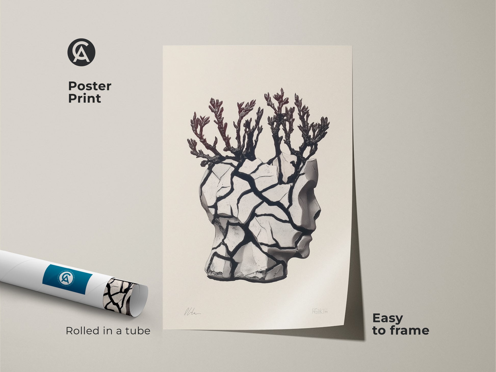 Poster print of a surreal head sculpture artwork. The conceptual figurative art is rolled in a tube easy to frame. The eclectic beige black gray decor is perfect for modern homes. This unique branch artwork can be a housewarming gift for art lovers. Ideal for artistic neutral wall hanging.