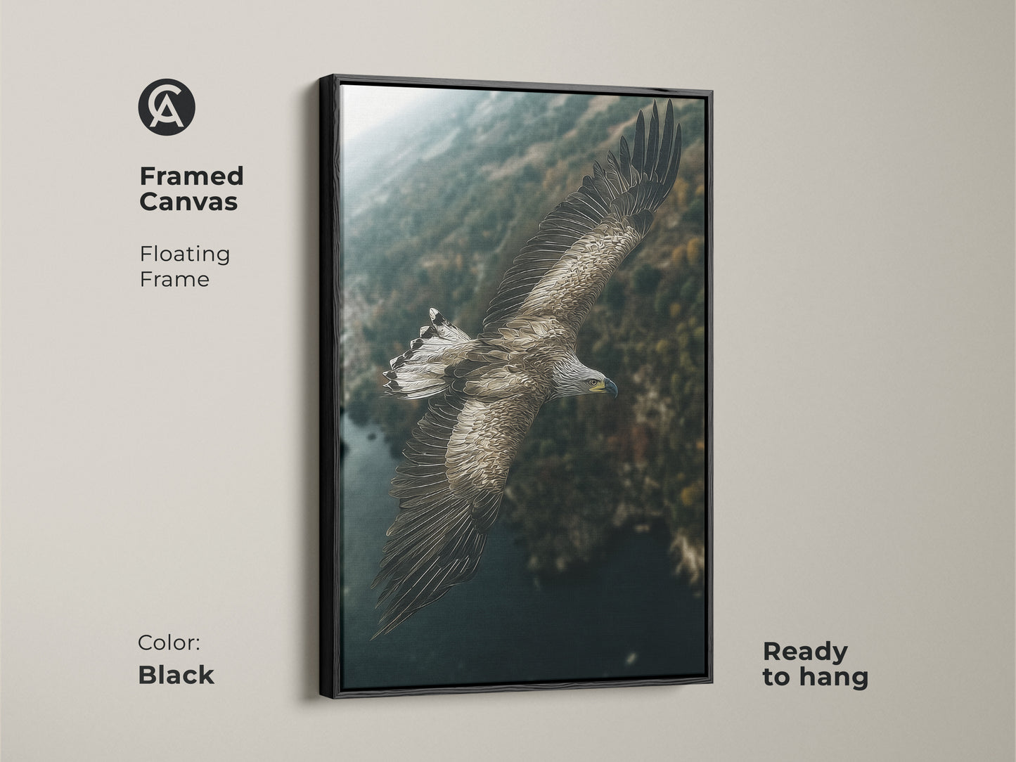 Framed canvas featuring an eagle in flight with a black floating frame. This wildlife canvas wall art is ready to hang. It's perfect for adding a touch of rustic nature to your home or office. The earthy tones blend seamlessly with any decor.