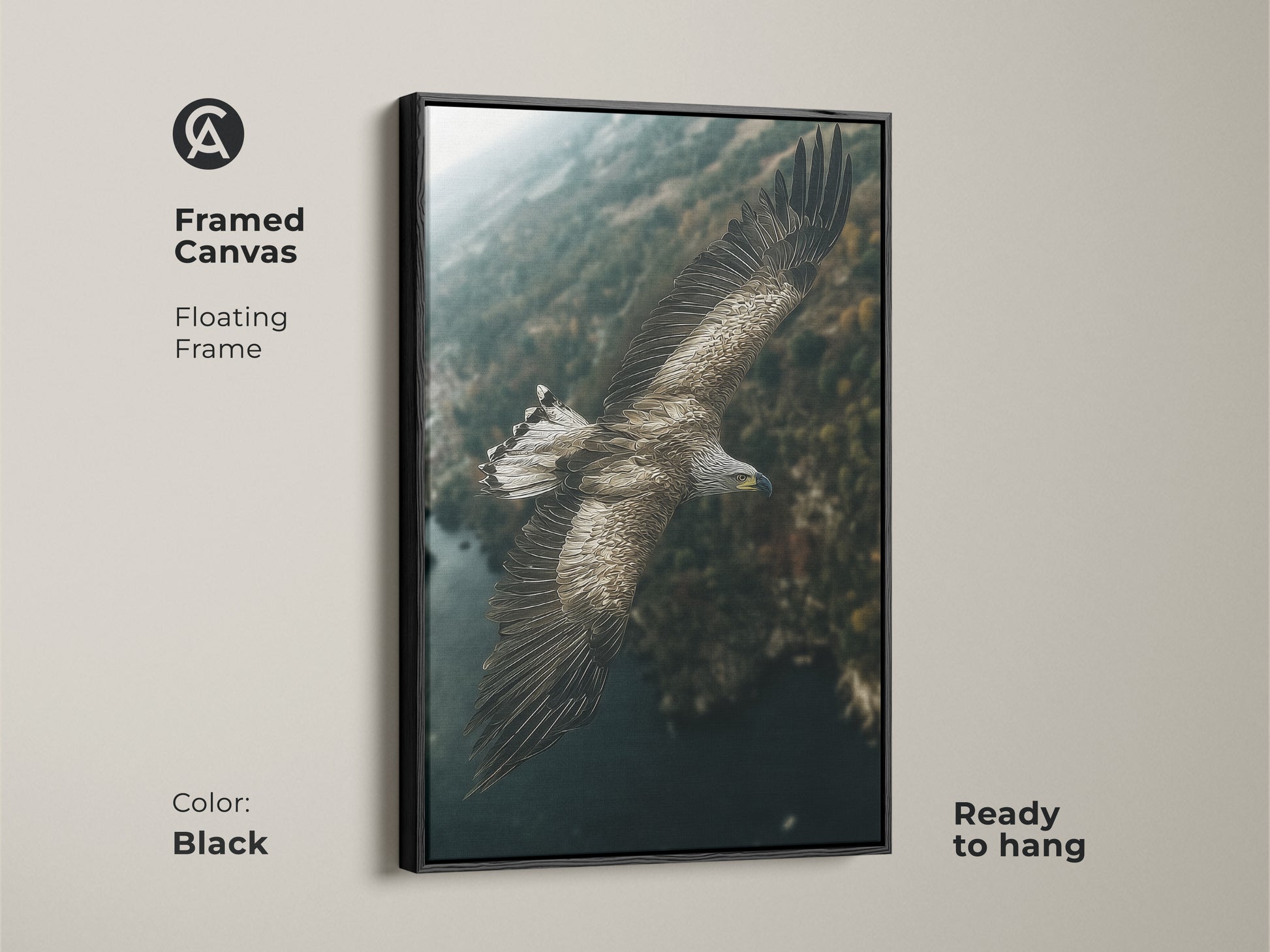 Framed canvas featuring an eagle in flight with a black floating frame. This wildlife canvas wall art is ready to hang. It's perfect for adding a touch of rustic nature to your home or office. The earthy tones blend seamlessly with any decor.