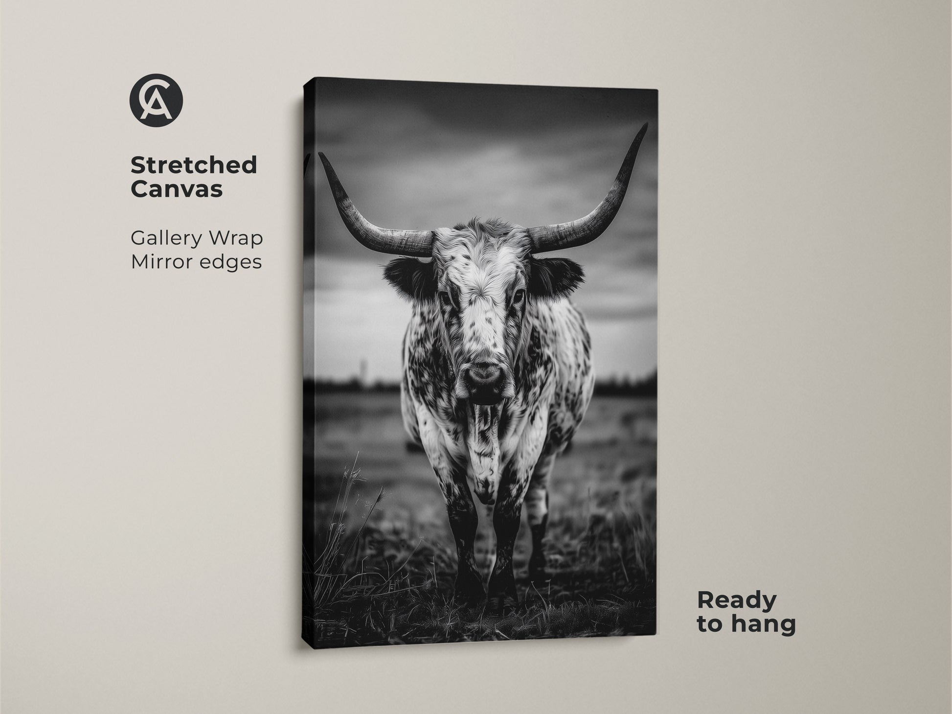 Stretched canvas featuring a black and white photorealistic Texas Longhorn. This gallery-wrapped print with mirrored edges is ready to hang. It offers a bold statement for modern farmhouse minimalist or rustic interiors. Perfect for adding character to entryways living rooms or home offices. This animal wall art makes an excellent housewarming gift.