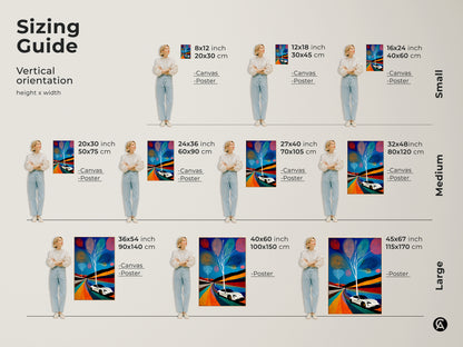Sizing guide for electric car abstract canvas artwork. Find the ideal vertical orientation and dimensions for your space. This modern folk art canvas print brings a vibrant touch with blue teal and orange hues.