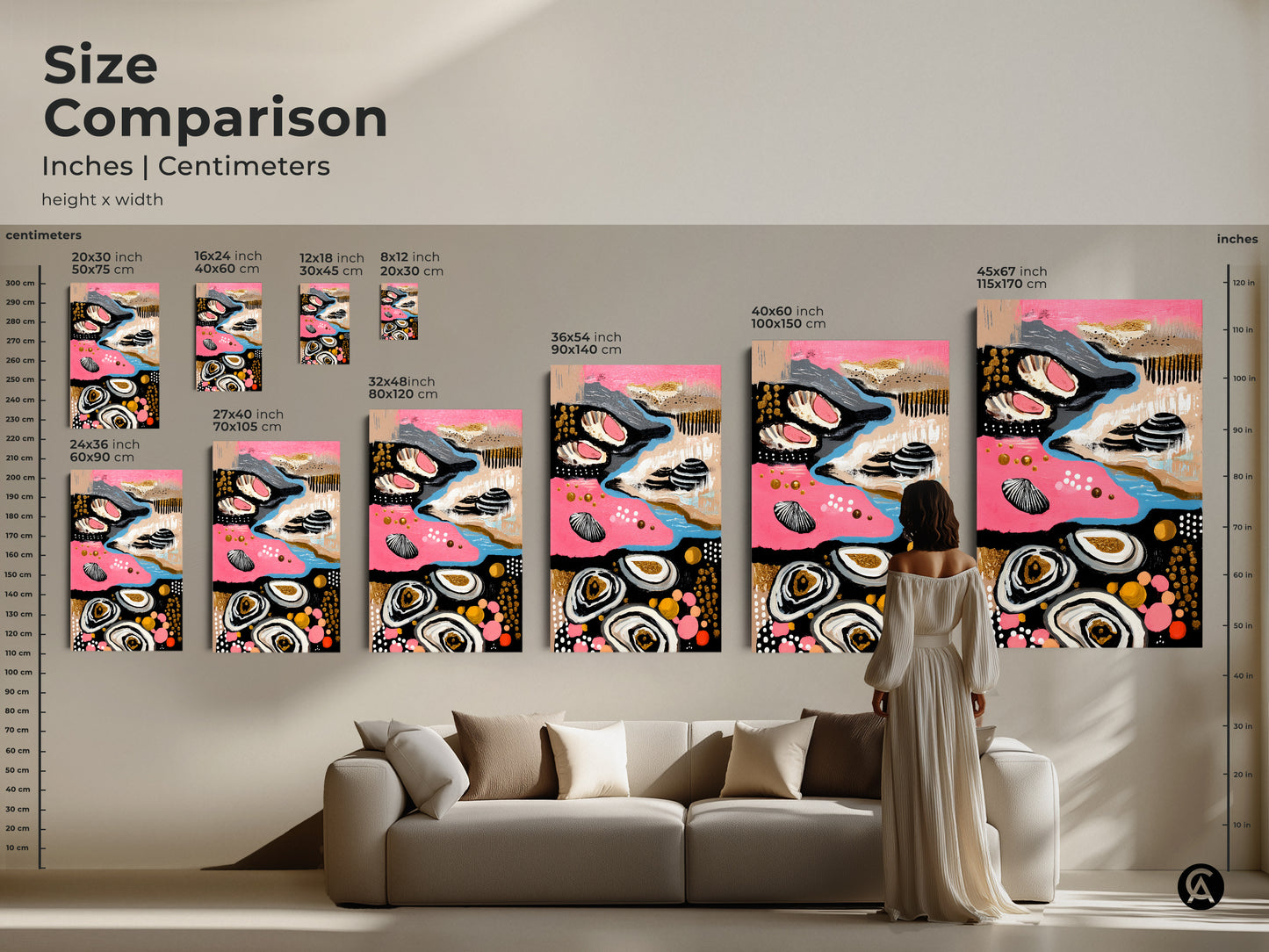 Size comparison of Abstract Coastal Canvas Wall Art in inches and centimeters. Ideal for dining room or living room wall decor. A unique present for beach lovers and housewarming art.