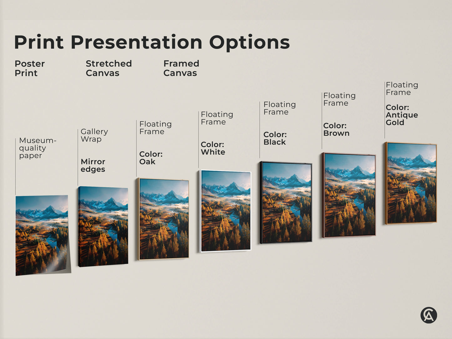 Explore print presentation options for mountain landscape art. Choose from poster stretched canvas or framed canvas. Available with various frame colors like white black brown oak and antique gold. Find the perfect wall art style.