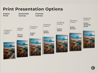 Explore print presentation options for mountain landscape art. Choose from poster stretched canvas or framed canvas. Available with various frame colors like white black brown oak and antique gold. Find the perfect wall art style.