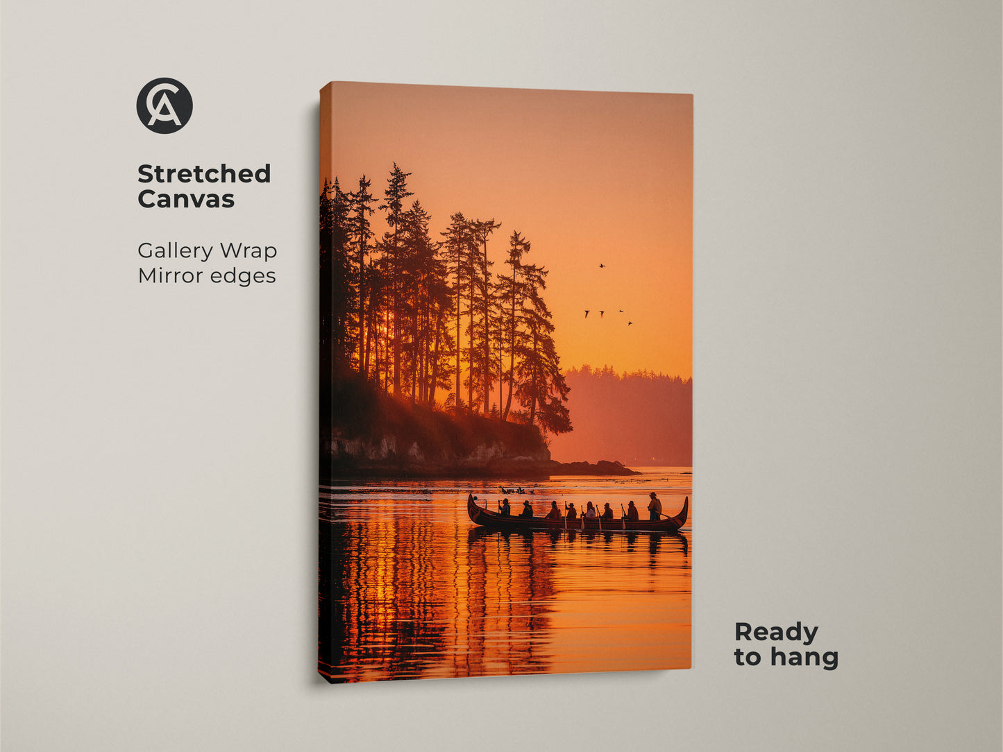 Stretched canvas art showcasing a tranquil sunset scene with silhouetted figures in a canoe on a lake. This gallery-wrapped canvas features mirror edges adding depth to the artwork. The warm colors and peaceful scenery make it a perfect addition to any room. It comes ready to hang adding convenience.