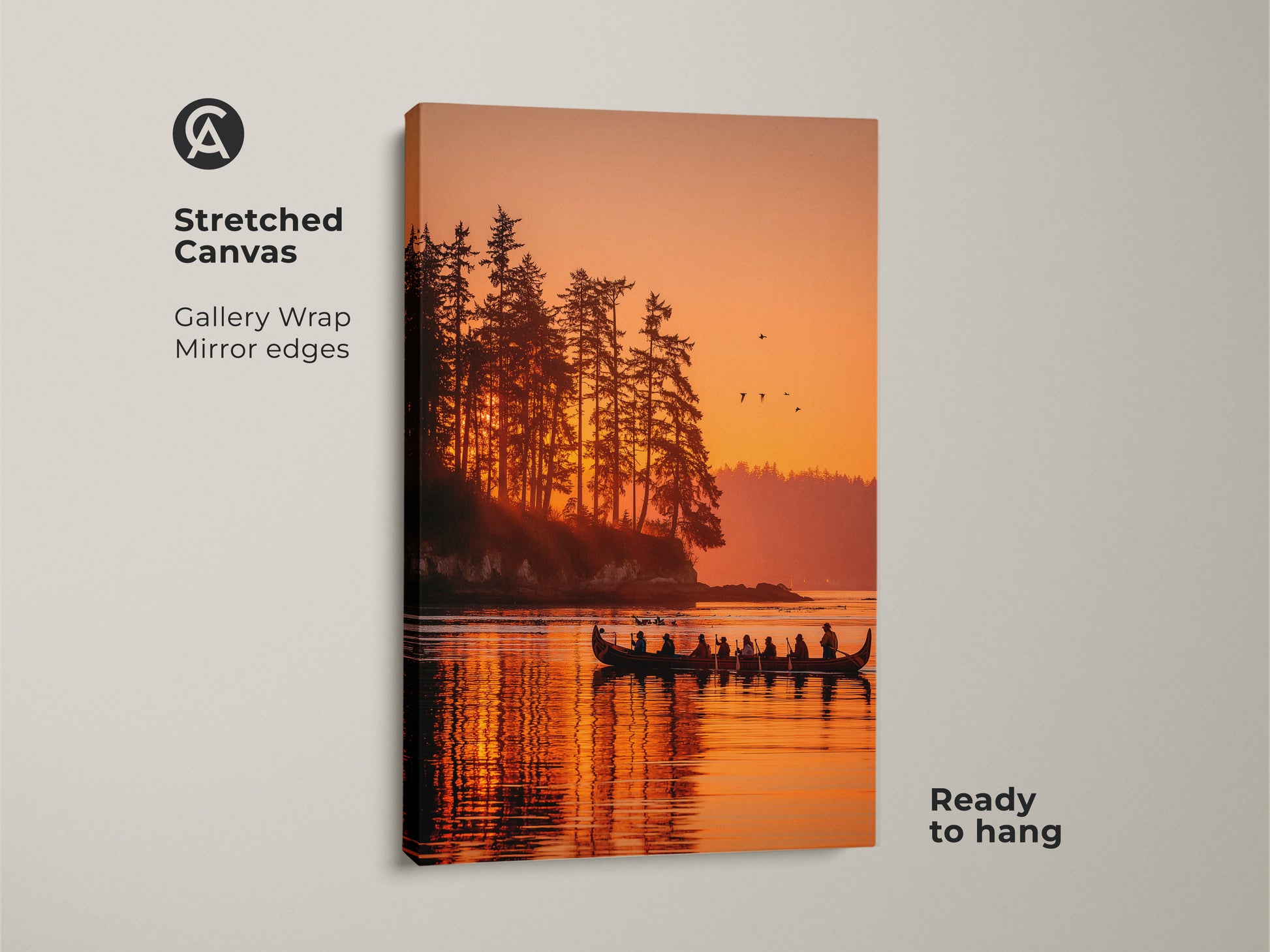 Stretched canvas art showcasing a tranquil sunset scene with silhouetted figures in a canoe on a lake. This gallery-wrapped canvas features mirror edges adding depth to the artwork. The warm colors and peaceful scenery make it a perfect addition to any room. It comes ready to hang adding convenience.