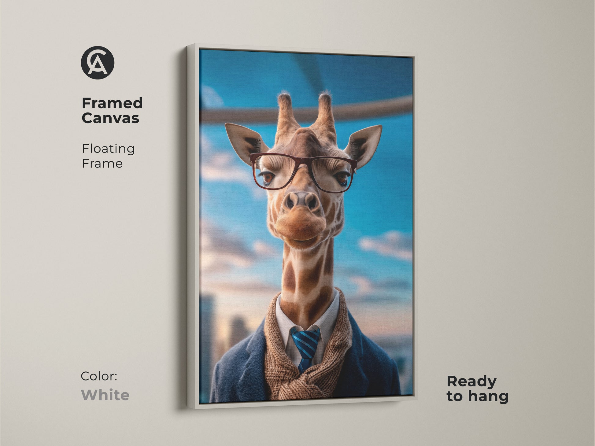 Explore the Print Presentation Options with this Eclectic Giraffe Wall Art. From poster prints to framed canvas each style showcases a dapper giraffe. Find the perfect option to match your office decor. Choose from museum-quality paper to floating frames for unique sophistication.