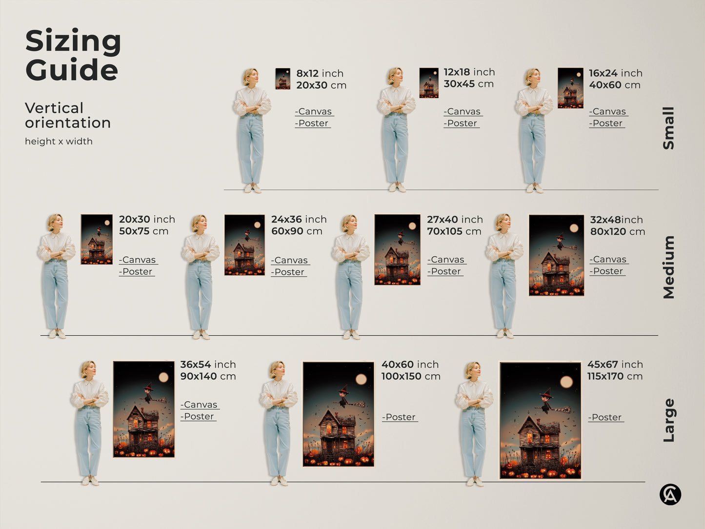 Explore sizing guide options for a cute witch Halloween canvas print. Vertical orientation offers various height and width choices. Find the perfect fit for your space and elevate your decor with this spooky fantasy art. Options include canvas and poster prints.