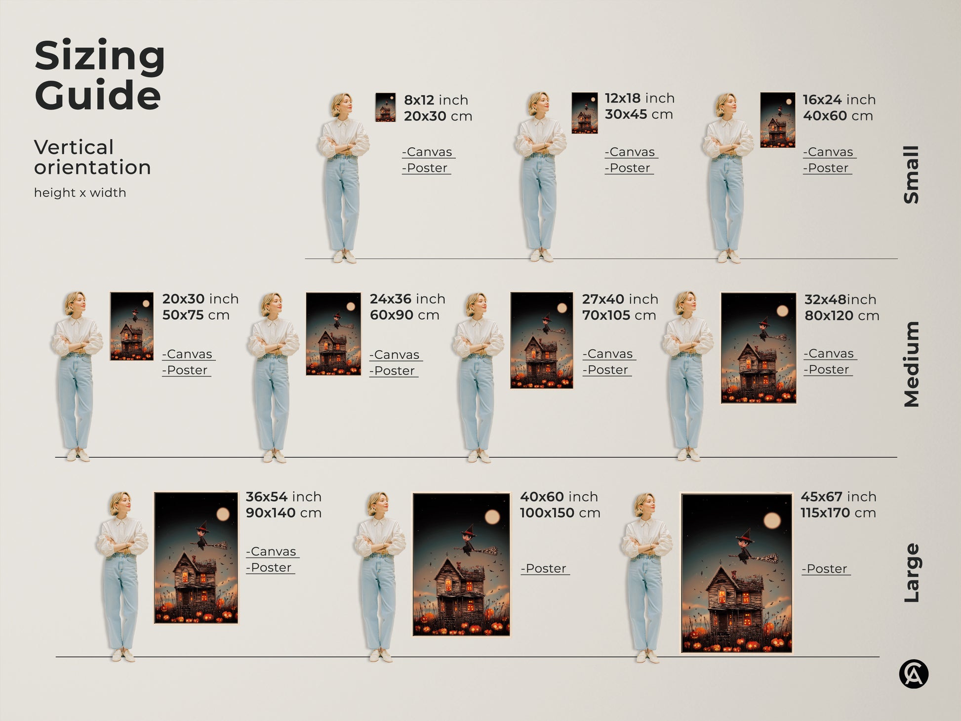 Explore sizing guide options for a cute witch Halloween canvas print. Vertical orientation offers various height and width choices. Find the perfect fit for your space and elevate your decor with this spooky fantasy art. Options include canvas and poster prints.