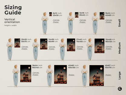 Explore sizing guide options for a cute witch Halloween canvas print. Vertical orientation offers various height and width choices. Find the perfect fit for your space and elevate your decor with this spooky fantasy art. Options include canvas and poster prints.