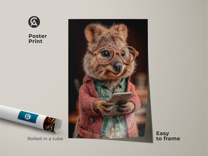 Poster print of animal art rolled in a tube. Glasses wearing quokka is holding a phone. This funny animal wall decor is easy to frame. This quirky animal portrait is perfect for a study. Orange red brown art.
