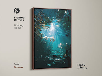 Framed canvas showcasing deep blue underwater artwork with a brown floating frame. The photorealistic ocean scene is ready to hang. A perfect gift for ocean lovers for bedroom or living room.