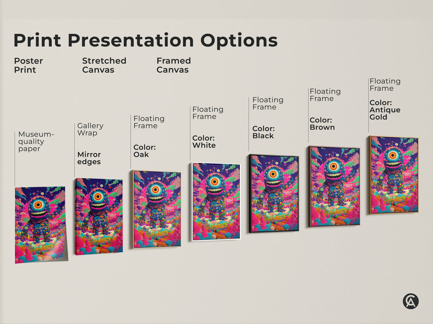 Explore print presentation options for monster art. Choose from poster prints to stretched canvases. Also see framed canvas options. Find the perfect style to showcase your one-eyed monster artwork. Various framing colors are available.