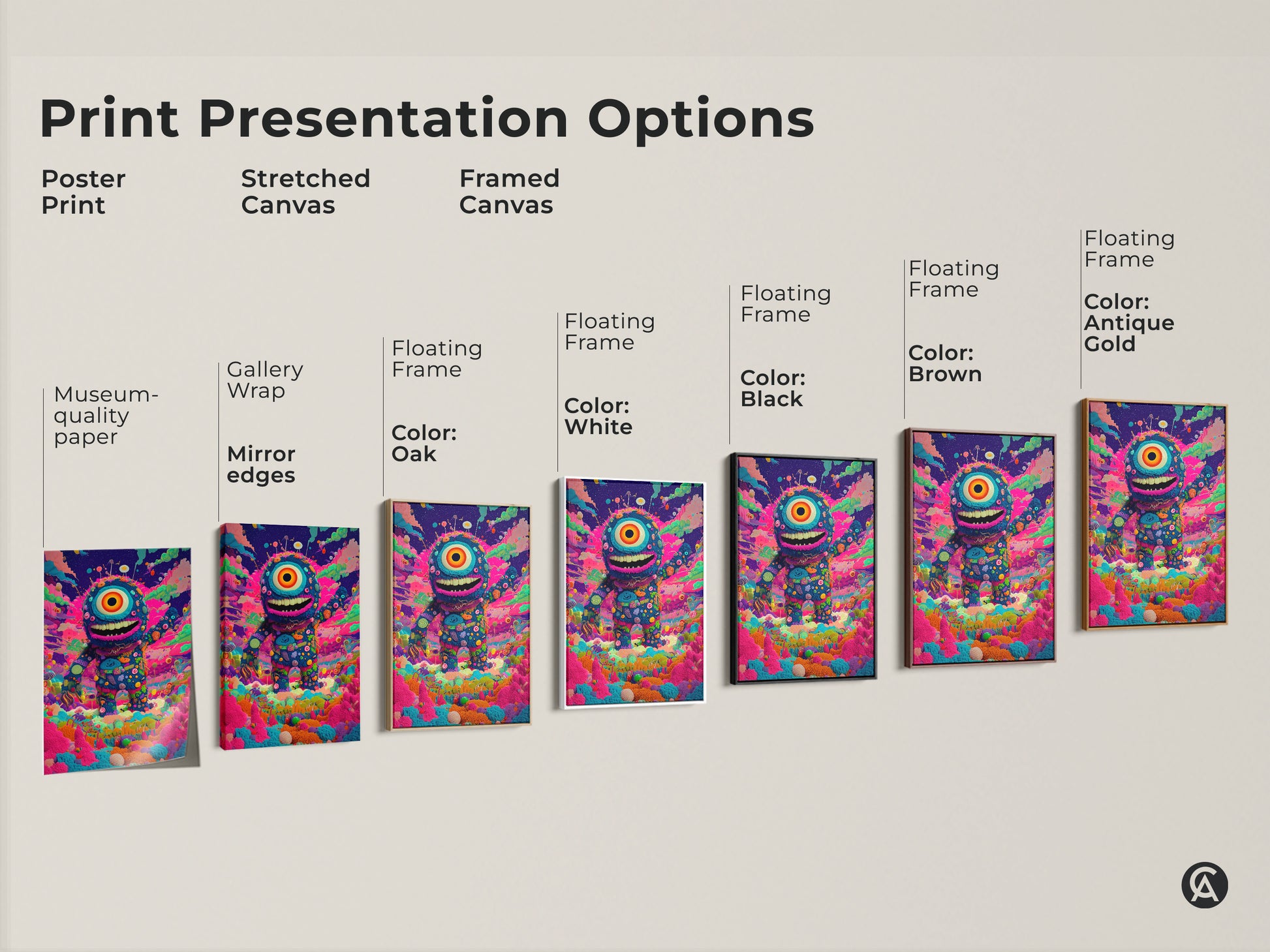 Explore print presentation options for monster art. Choose from poster prints to stretched canvases. Also see framed canvas options. Find the perfect style to showcase your one-eyed monster artwork. Various framing colors are available.