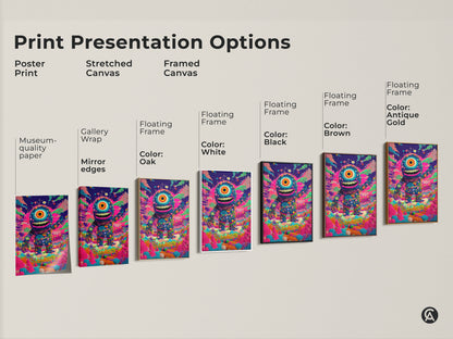 Explore print presentation options for monster art. Choose from poster prints to stretched canvases. Also see framed canvas options. Find the perfect style to showcase your one-eyed monster artwork. Various framing colors are available.