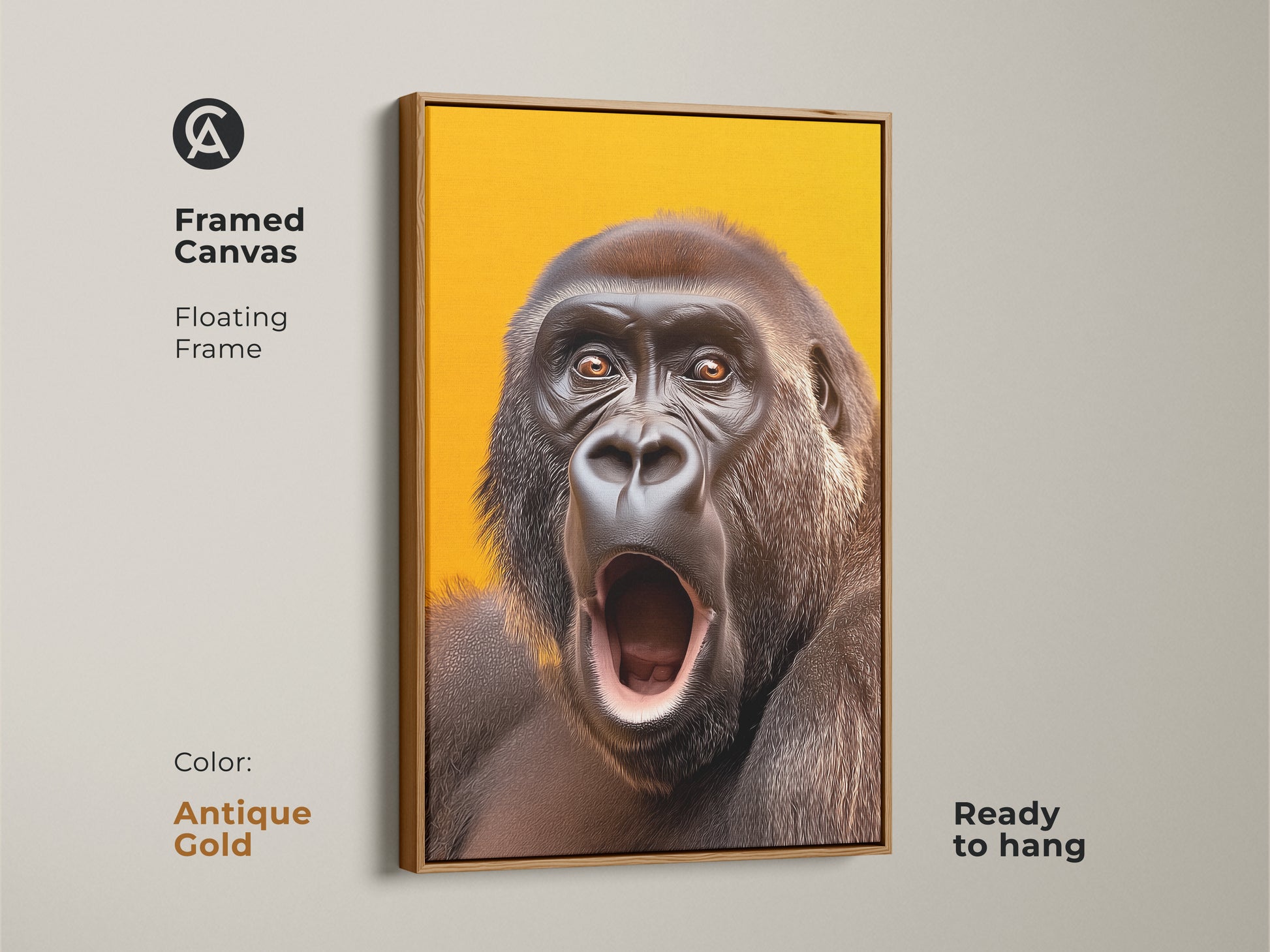 Framed canvas displays realistic gorilla artwork. This primate art has an antique gold floating frame. The wildlife wall art is ready to hang. It is a yellow orange canvas.