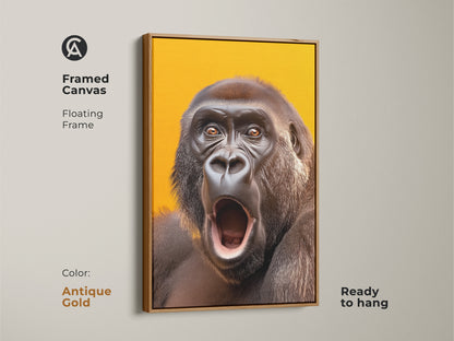 Framed canvas displays realistic gorilla artwork. This primate art has an antique gold floating frame. The wildlife wall art is ready to hang. It is a yellow orange canvas.