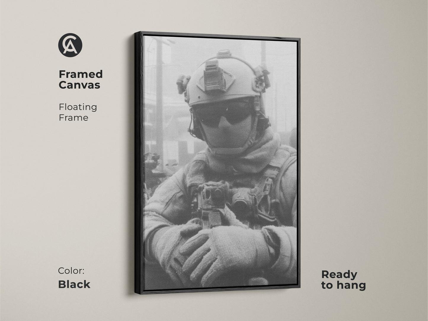 Framed canvas art print featuring a soldier in black and white. The floating frame adds depth. This ready-to-hang piece in black enhances any room with its strong military theme artwork.