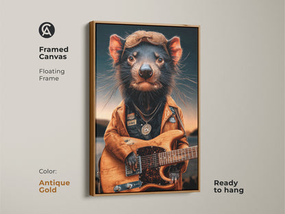 The framed canvas showcases a Tasmanian devil rocking a guitar. An antique gold floating frame adds elegance to this unique animal artwork. Ideal for a music studio or man cave. Ready to hang for instant style.