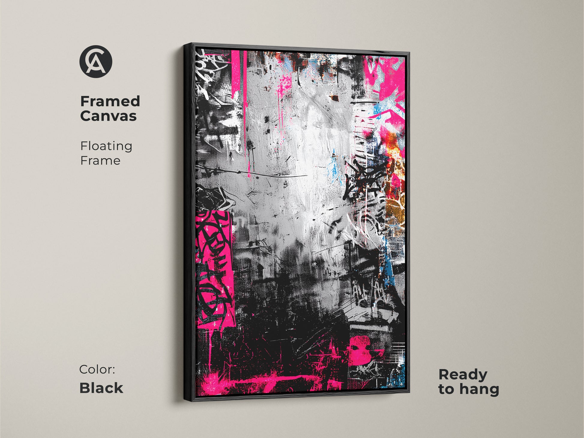 Framed canvas with a floating frame showcasing graffiti artwork in a black frame. The monochrome art is accented by bold pink. Ready to hang adding a touch of urban sophistication to any room.