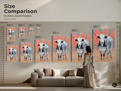Compare sizes of Longhorn Cow art. This artwork comes in inches and centimeters. Find the perfect fit for your room. See how different sizes transform your space. Explore options now