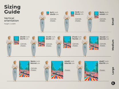 A size comparison showcases Formula 1 racing art on a wall. The artwork comes in sizes from small to large. This visual guide helps you choose the right scale for your space. See how this motorsport abstract print enhances your home. The sizes are great for fans looking to add a unique touch.