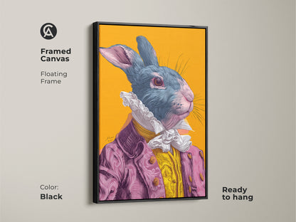 Framed canvas of a rabbit artwork with floating frame. The artwork is ready to hang and has a black frame. The rabbit wears a pink suit. This artwork is perfect for any room in your home.