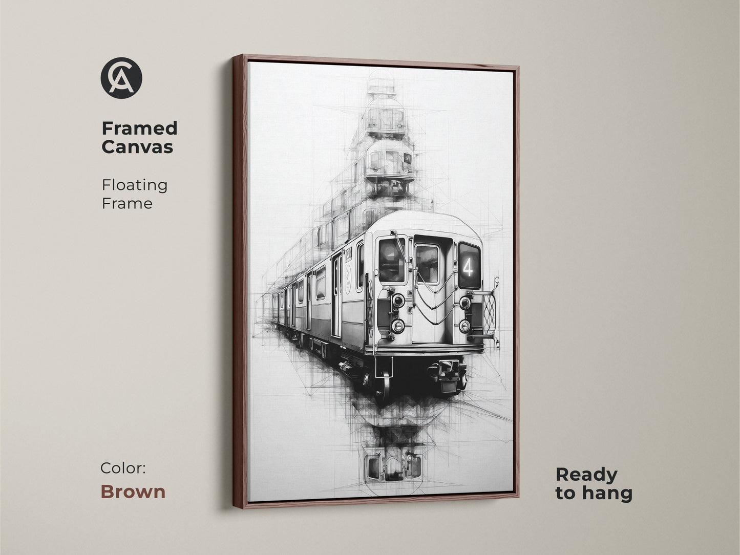 A framed canvas with a brown floating frame showcases urban line art of a subway train ready to hang. The black white sketch art has an industrial loft aesthetic. This transportation art print adds modern decor.
